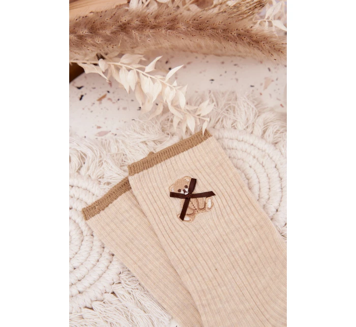 Bavlněné ponožky pruhované s medvídkem Béžové