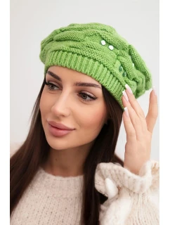 Dámska zimná čiapka s ozdobným pletením a kryštálmi K398 pistáciová