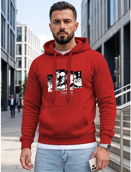Pánská mikina s kapucí a potiskem TOKYO, červená, FashionStreet NX5146BX Pánská mikina s kapucí a potiskem TOKYO, červená, FashionStreet NX5146BX