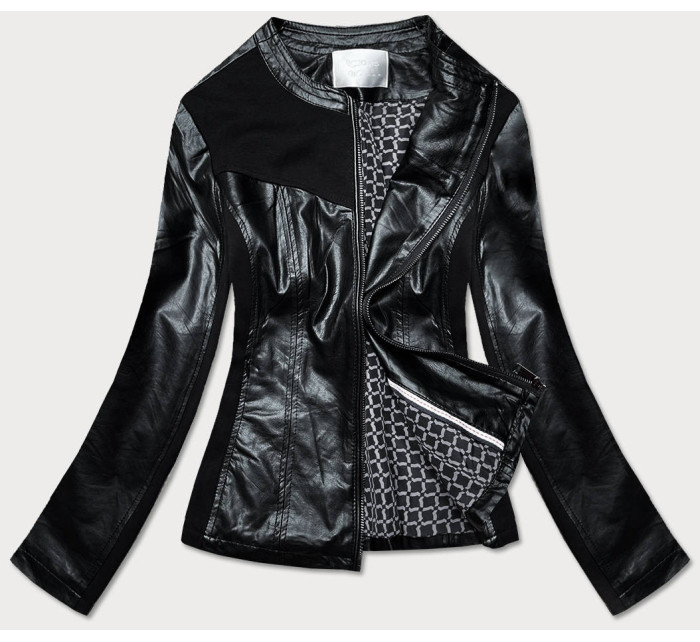 Vypasovaná čierna dámska bunda s rôznych spojených materiálov (752ART)