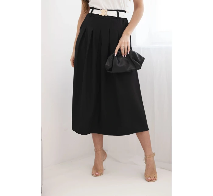 Dámská viskózová sukně s páskem a záhyby černá