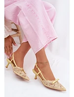 Dámské krajkové sandály na podpatku s mašlí Žluté model 22107289 - Boto