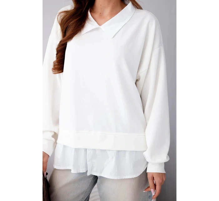 Dámska maslová viskózna mikina s košeľovou vložkou biela