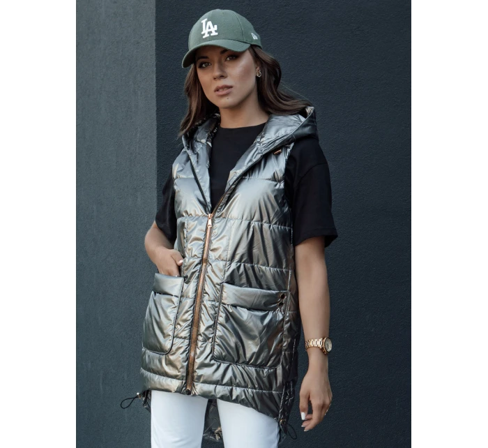 Dámská prošívaná dlouhá vesta s kapucí tmavě šedá Dstreet model 21979290 - FashionStreet