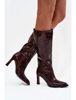 Skórzane Lakierowane Kozaki Damskie  Ocieplane D&A CR52-716 Bordowe