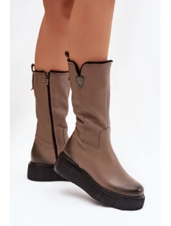 Zazoo 70121 Kožené Dámské Kozačky S Vlnou Tmavě Béžové