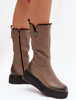 Zazoo 70121 Kožené Dámské Kozačky S Vlnou Tmavě Béžové