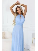 Elegantní maxi večerní šaty na ramínka s a zavazováním v pase modré model 22004204 - numoco basic Elegantní maxi večerní šaty na ramínka s a zavazováním v pase modré model 22004204 - numoco basic