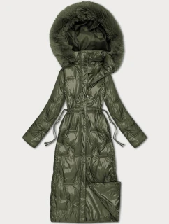Dlhá dámska prešívaná zimná bunda v khaki farbe (T2-2221#-22)