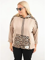 Dámska mikina Plus Size z viskózy s kapucňou a leopardovými vsadkami v kamelovej farbe