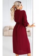 kostkované midi šaty s knoflíky a páskem vínové model 21921783 - numoco basic