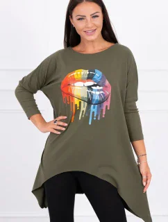 Oversize blúzka s dúhovou potlačou pier vo farbe khaki