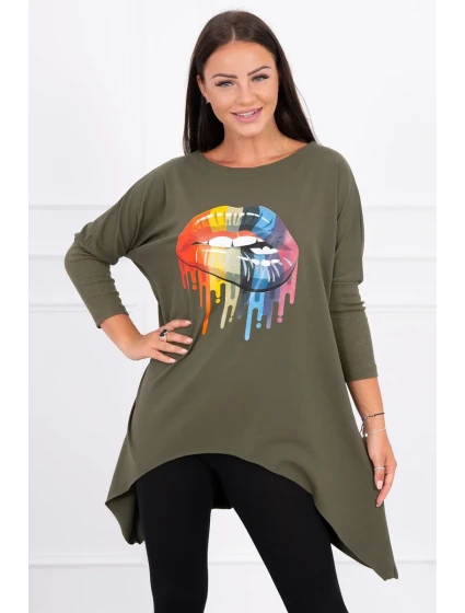 Oversize halenka s model 18743442 potiskem rtů v barvě khaki - K-Fashion Oversize halenka s model 18743442 potiskem rtů v barvě khaki - K-Fashion