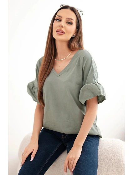 Dámská bavlněná halenka s výstřihem do V khaki