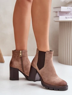 Zateplené dámské botky na podpatku z eko semiše béžové model 21675622 - VINCEZA