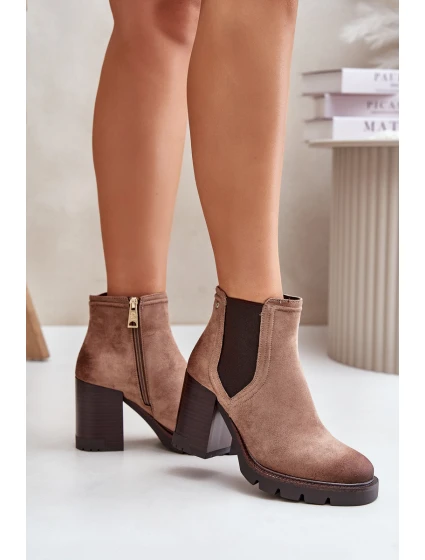 Ocieplane Botki Damskie Na Słupku Z Eko Zamszu Vinceza 58356 Beżowe