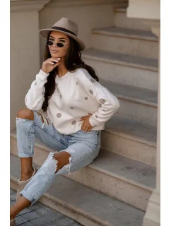 Béžová dámska bavlnená mikina s bodkami (784)