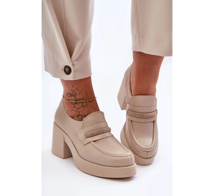 Skórzane Półbuty Na Słupku Z Ozdobą Beżowe Lemar Gelanor Skórzane Półbuty Na Słupku Z Ozdobą Beżowe Lemar Gelanor
