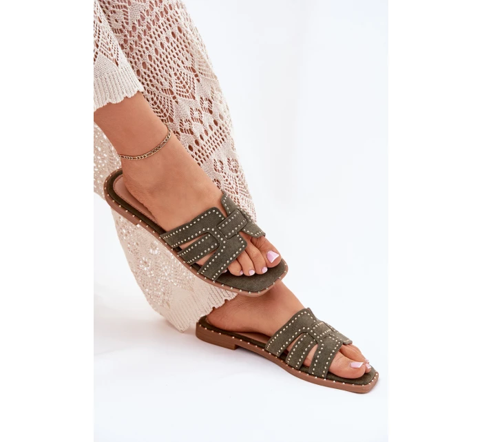 Zdobione Klapki Na Płaskim Obcasie Zielone Anniles