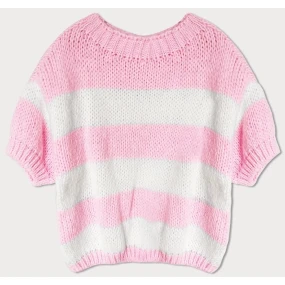 Volný růžový dámský pruhovaný svetr model 19735947 - MADE IN ITALY Volný růžový dámský pruhovaný svetr model 19735947 - MADE IN ITALY