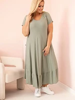 Dámske plus size šaty s krátkymi rukávmi a volánom z ľahkej viskózy v khaki farbe