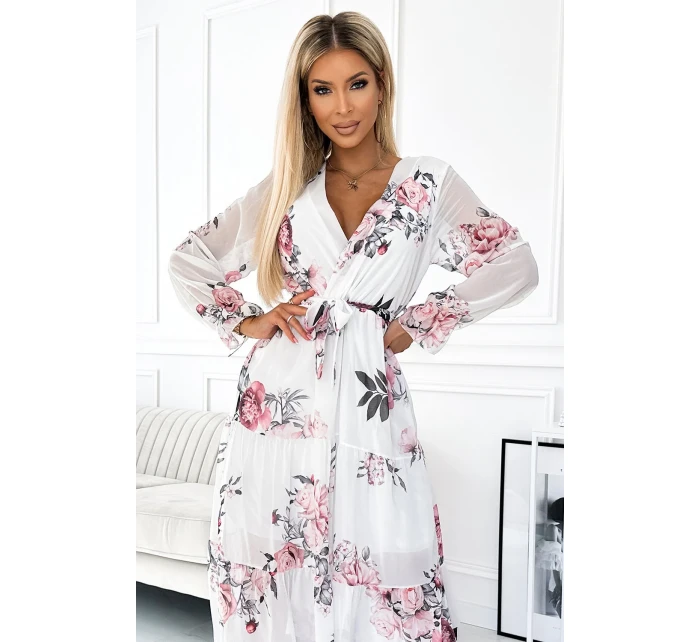 Bílé dámské midi šaty se vzorem výstřihem a páskem model 22077520 - numoco basic Bílé dámské midi šaty se vzorem výstřihem a páskem model 22077520 - numoco basic