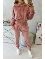 Velurová souprava s kapucí tmavě pudrově růžová