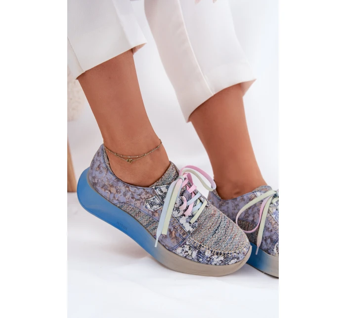 Skórzane Półbuty Sneakersy Damskie Na Platformie Maciejka 06776A-06 Niebieskie