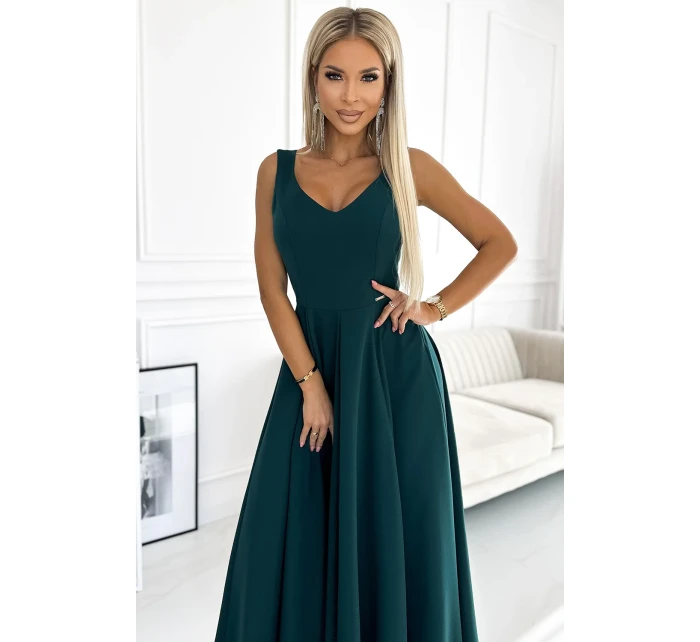 246-5 CINDY dlhé elegantné šaty s výstrihom - ZELENÉ