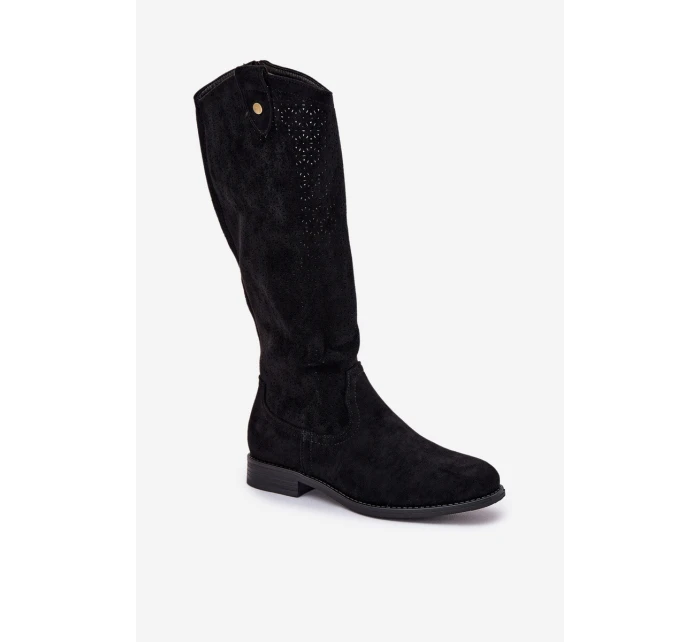 Kozaki Na Płaskim Obcasie Z Ażurowym Wzorem S.Barski HY51-062 Czarne