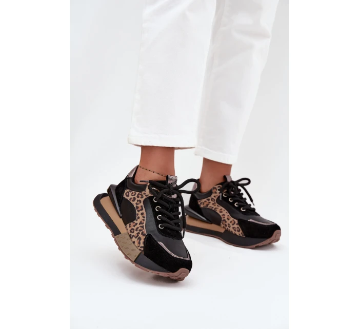 Dámske kožené tenisky na platforme s leopardím vzorom Artiker - čierne Dámske kožené tenisky na platforme s leopardím vzorom Artiker - čierne