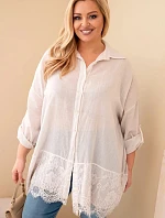 Dámske bavlnené tričko s čipkovým lemovaním v béžovej farbe