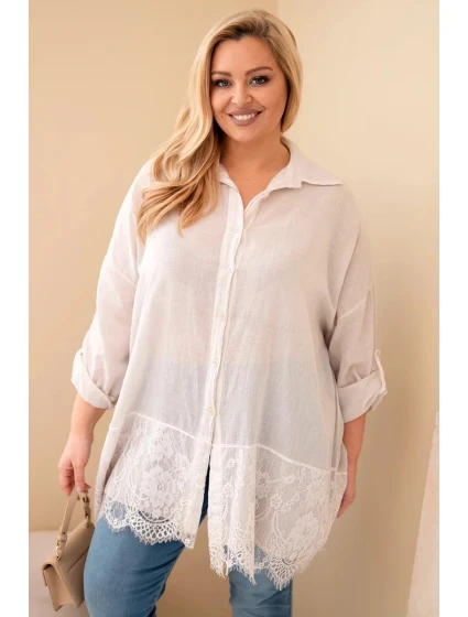 Dámske bavlnené tričko s čipkovým lemovaním v béžovej farbe Dámske bavlnené tričko s čipkovým lemovaním v béžovej farbe