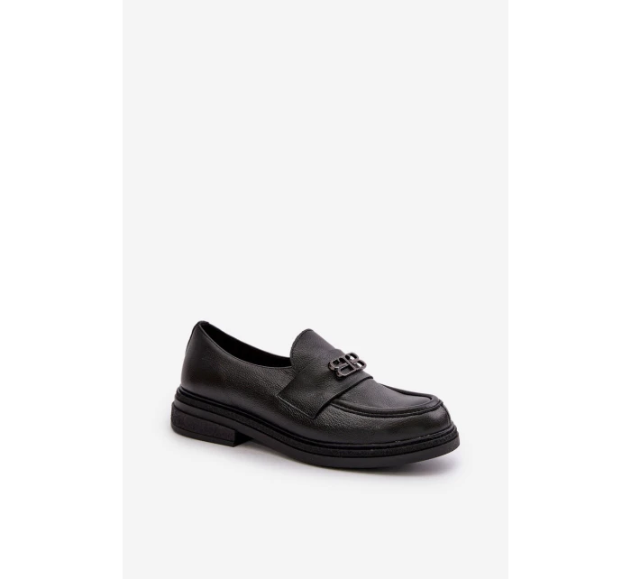 Zazoo 20174 Skórzane Eleganckie Półbuty Damskie Na Płaskim Obcasie Czarne