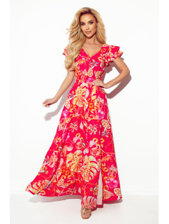 LIDIA - Ružové kvetované dlhé dámske šaty s výstrihom a volánikmi 310-4