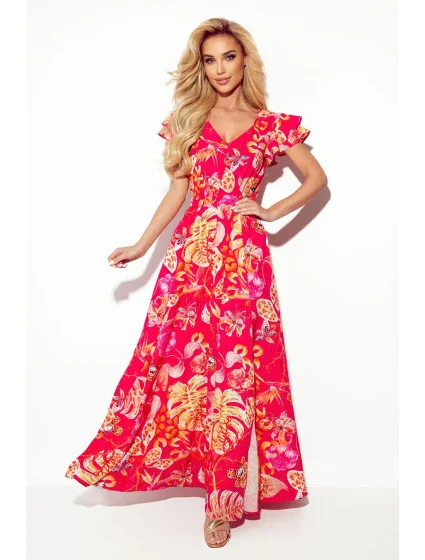 Růžové květované dlouhé dámské šaty s výstřihem a volánky model 17302018 - numoco Růžové květované dlouhé dámské šaty s výstřihem a volánky model 17302018 - numoco