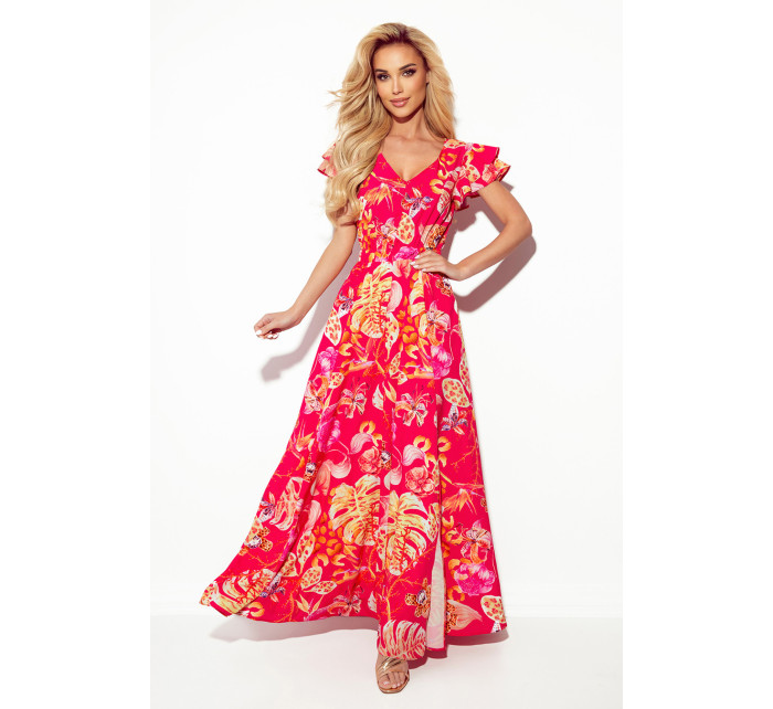 LIDIA - Ružové kvetované dlhé dámske šaty s výstrihom a volánikmi 310-4