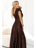411-15 CRYSTAL saténové dlhé šaty s výstrihom - čokoládové