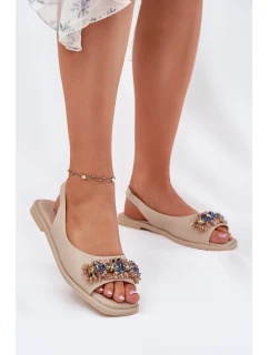 Sandały Damskie Płaskie Z Kryształkami S.Barski KV51-079 Beżowe