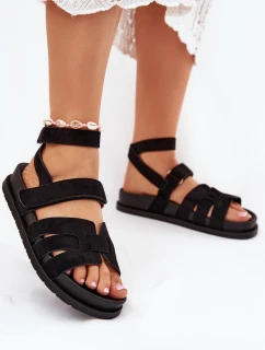 Eko Zamszowe Sandały Damskie Z Rzepami Czarne Valpera