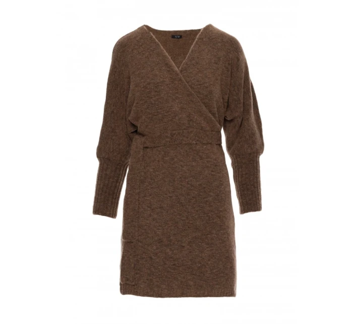 model 21484554 Zavinovací svetrové šaty s vázáním karamelové - Moe