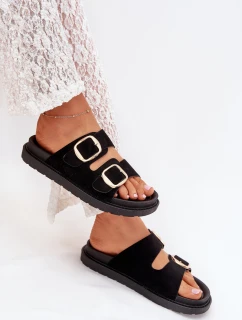 Dámske papuče na platforme so zlatými prackami - čierne