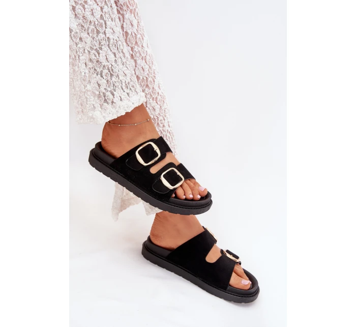 Dámske papuče na platforme so zlatými prackami - čierne