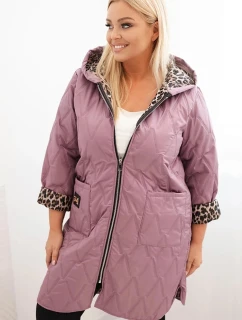 Dámska zimná prešívaná bunda s leopardou podšívkou a kapucňou v tmavoružovej farbe