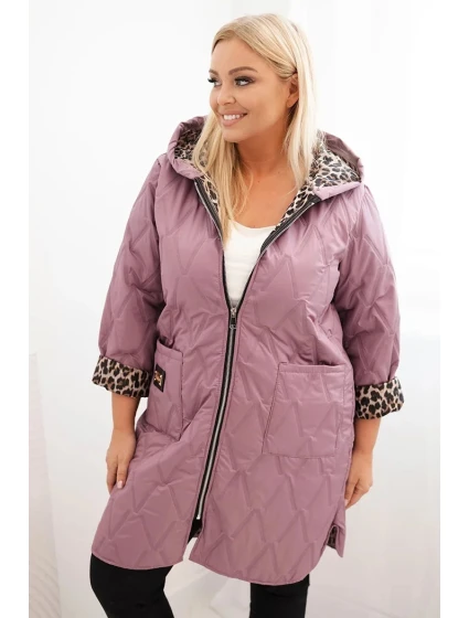 Dámska zimná prešívaná bunda s leopardou podšívkou a kapucňou v tmavoružovej farbe