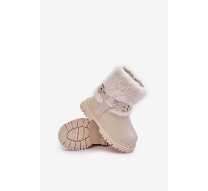 Eko Skórzane Botki Dziewczęce Z Futerkiem I Klamrami Beżowe Cartemes Eko Skórzane Botki Dziewczęce Z Futerkiem I Klamrami Beżowe Cartemes