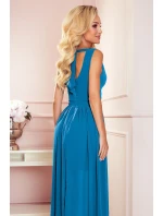 362-4 JUSTINE Dlhé šaty s výstrihom a viazaním - MODRÉ