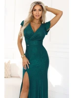 598-2 IRINA oslnivé dlhé šaty s brokátom, obálkovým výstrihom a rozparkom na nohách - fľaškovo zelené