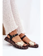 Sandały Skórzane Damskie Na Platformie Z Panterką S.Barski JC51-347 Złote