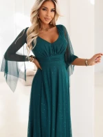 655-2 Dlhé ľahké trblietavé šaty s výstrihom a priehľadnými rukávmi - smaragdovo zelené